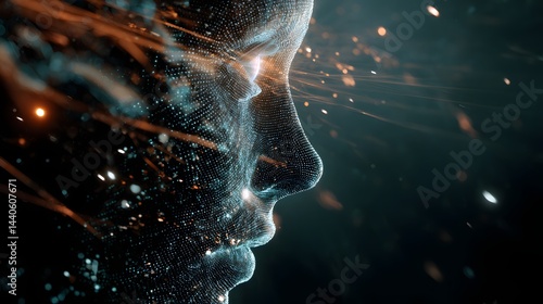 Obraz na płótnie Digital Human Face Emerging from Glowing Binary Code and Pixel Fragments – Concept of Evolving AI Consciousness w salonie