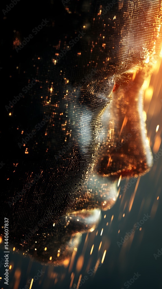 Digital Human Face Emerging from Glowing Binary Code and Pixel Fragments – Concept of Evolving AI Consciousness