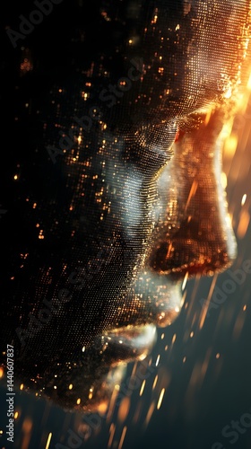 Obraz na płótnie Digital Human Face Emerging from Glowing Binary Code and Pixel Fragments – Concept of Evolving AI Consciousness w salonie