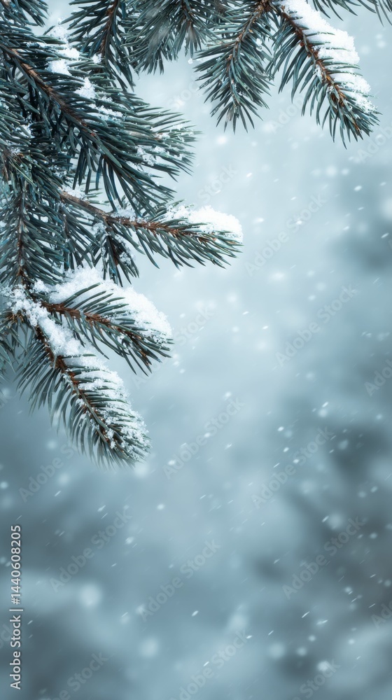 snowy scene with frosted pine twigs and blurred background for seasonal winter design, christmas backdrop for holiday theme snowy scene with frosted pine twigs and blurred background for seasonal winter design, christmas backdrop for holiday theme