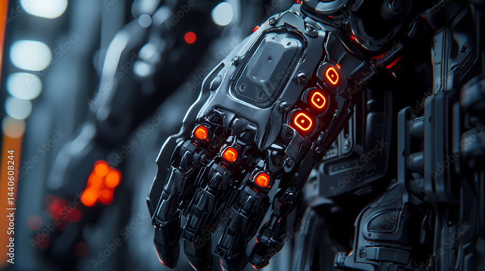 A sleek robotic hand with illuminated red lights, showcasing advanced technology and futuristic design in a high-tech environment. A sleek robotic hand with illuminated red lights, showcasing advanced technology and futuristic design in a high-tech environment.