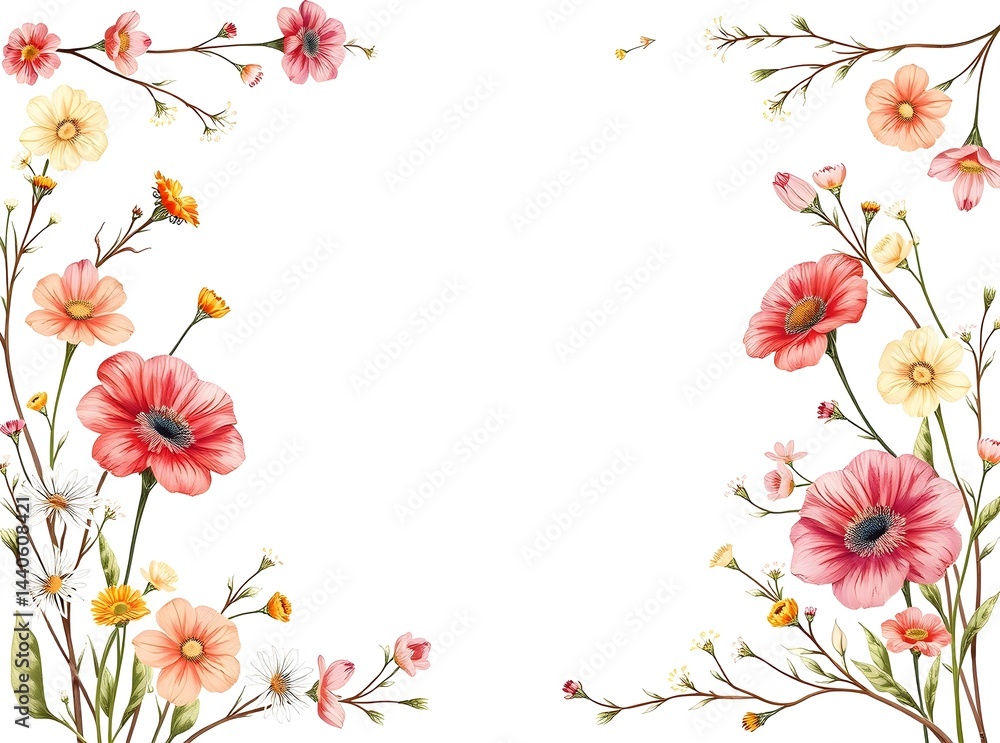 Delicate watercolor floral border featuring pink, orange, and yellow flowers. Perfect for invitations, cards, or adding a touch of elegance to your designs.
