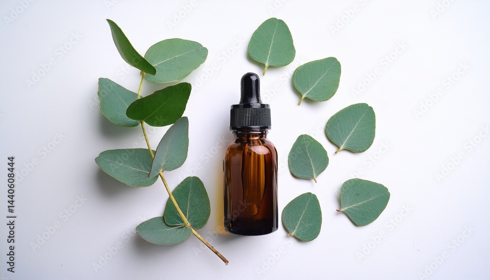 bottle of eucalyptus essential oil eucalyptus leaves on white background natural organic cosmetics products flat lay top view bottle of eucalyptus essential oil eucalyptus leaves on white background natural organic cosmetics products flat lay top view