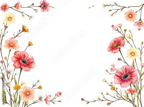 Obraz na płótnie Delicate watercolor floral border featuring pink, orange, and yellow flowers. Perfect for invitations, cards, or adding a touch of elegance to your designs. w salonie