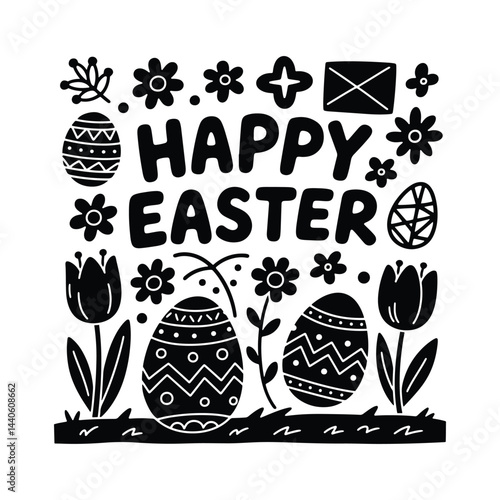 Hand-Drawn Easter Illustration – Decorative Eggs and Floral Sketch, Black and White Easter Greeting – Minimalist Line Art Design