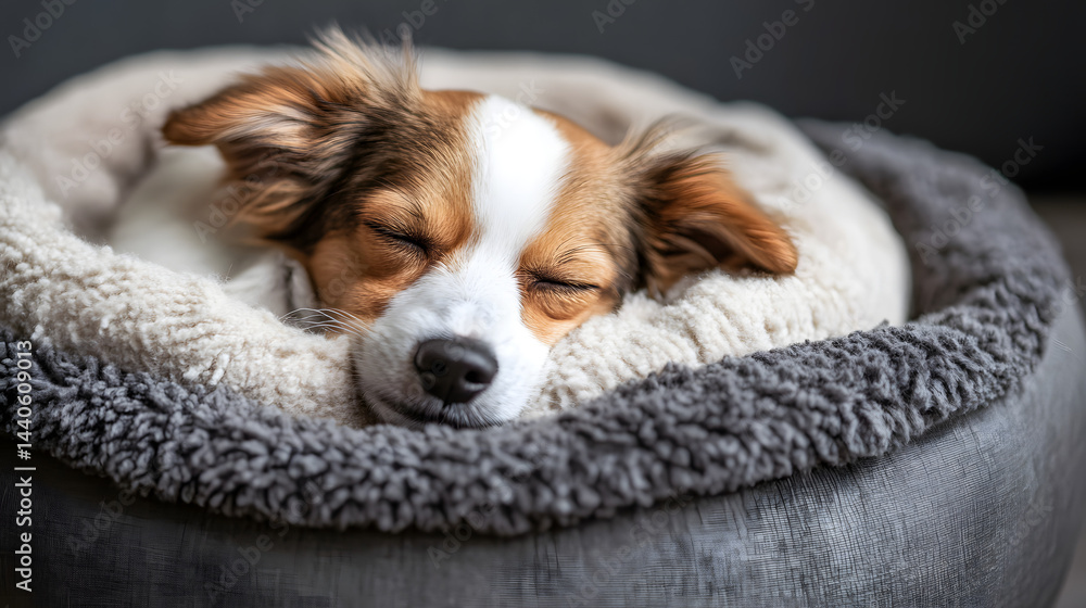 A tiny dog curled up with a soft blanket in a cozy dog bed, ready to nap. A tiny dog curled up with a soft blanket in a cozy dog bed, ready to nap.