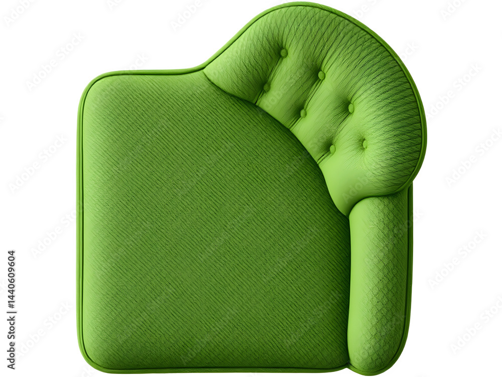 Top view of a vibrant green upholstered armchair, showcasing its tufted backrest and unique curved design. Perfect for adding a pop of color to any room.