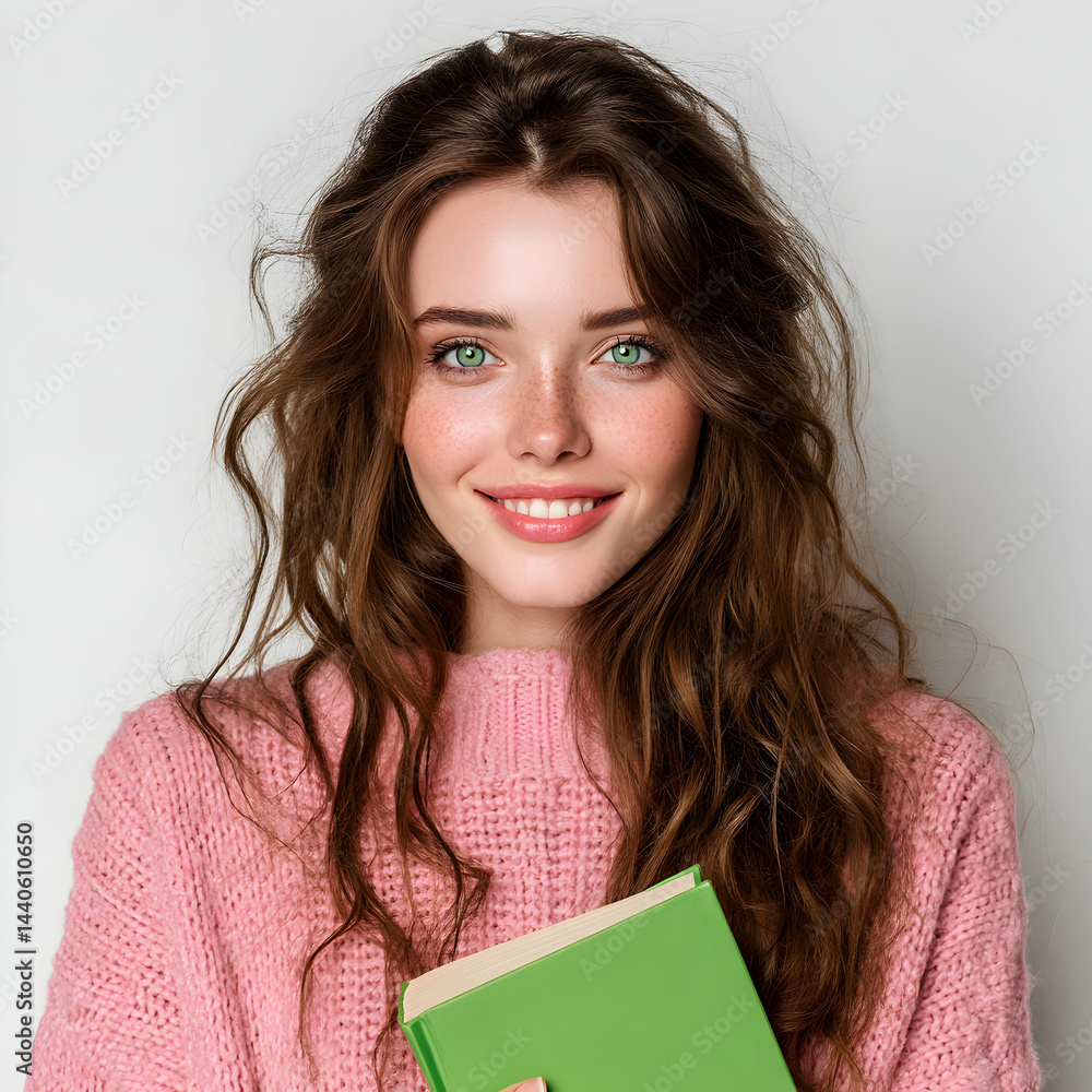 Portrait of a smiling woman with green eyes holding a green book wearing a pink sweater indoors Portrait of a smiling woman with green eyes holding a green book wearing a pink sweater indoors