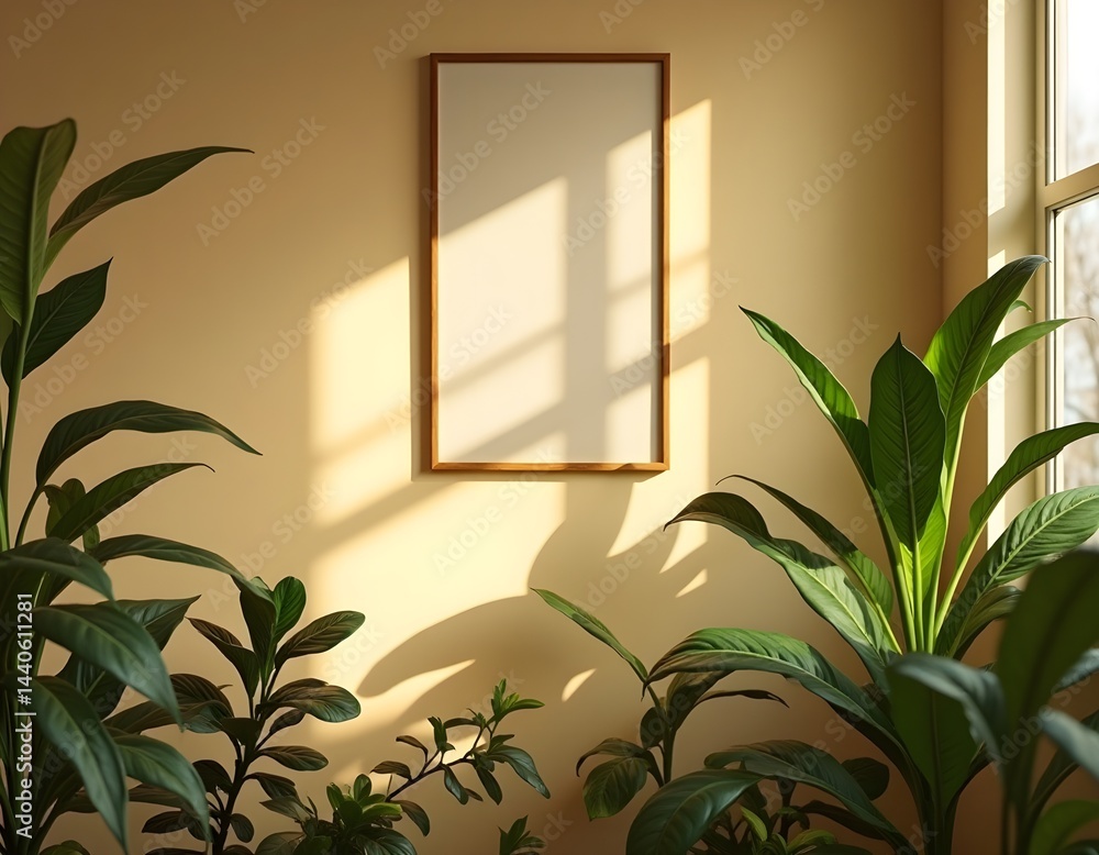 Sunlight streams through a window, illuminating lush green plants and a blank frame on a pale yellow wall. A tranquil, minimalist interior.