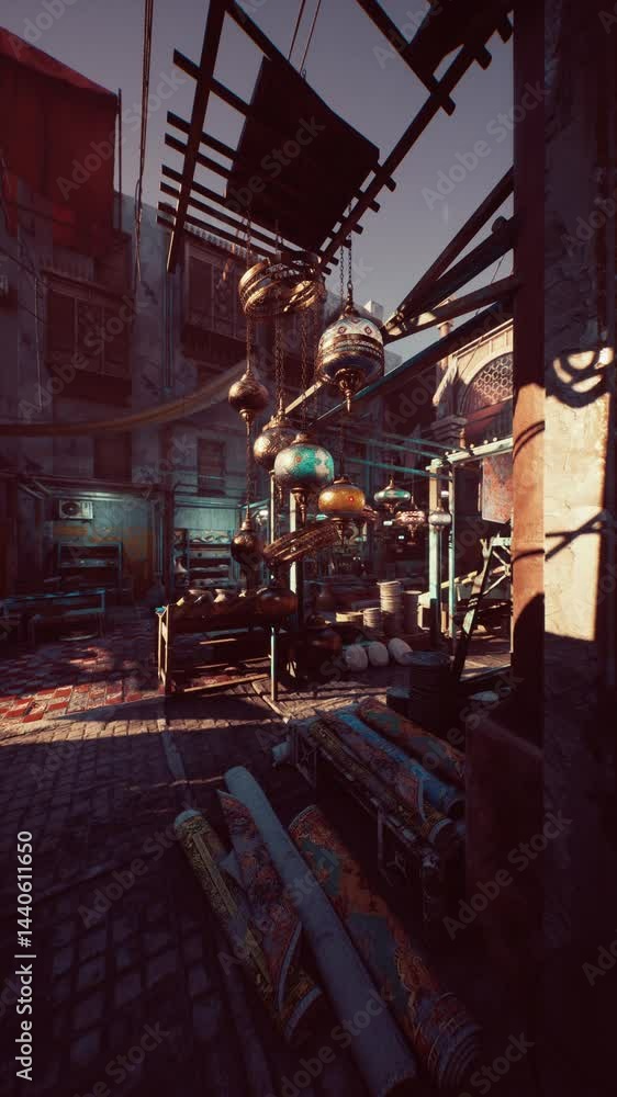 Warm sunlight bathes an alleyway in an old oriental market, highlighting an eclectic array of goods displayed on shelves and hung above. Warm sunlight bathes an alleyway in an old oriental market, highlighting an eclectic array of goods displayed on shelves and hung above.