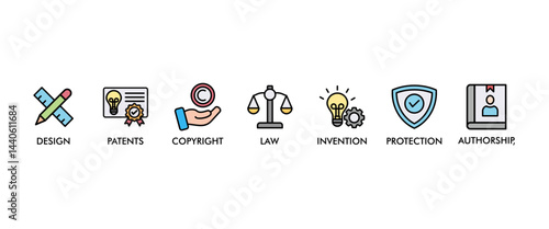 Intellectual property banner web icon set vector illustration concept for trademark with icon of design, patents, invention, authorship, law, copyright, protection, and brand