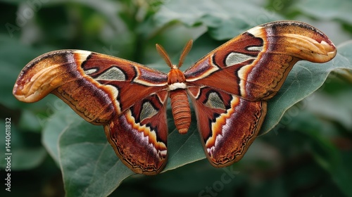 Atlas Moth (Attacus atlas) Closeup, Rich Brown & Cream Wing Patterns on Green Leaf