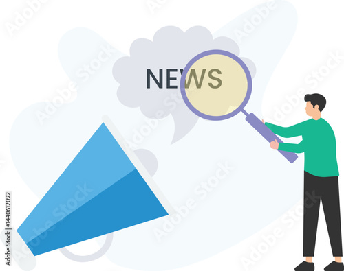 Illustration of a person using a magnifying glass to examine the word news, symbolizing in-depth analysis. A large megaphone represents broadcasting and communication

