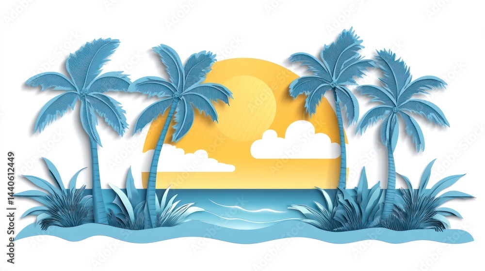 Obraz premium A vibrant, paper-cut tropical sunset scene.
