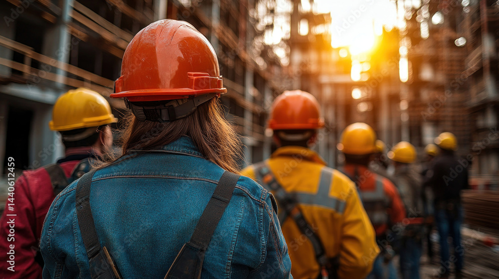 team meeting at construction site, all workers holding or wearing helmets team meeting at construction site, all workers holding or wearing helmets