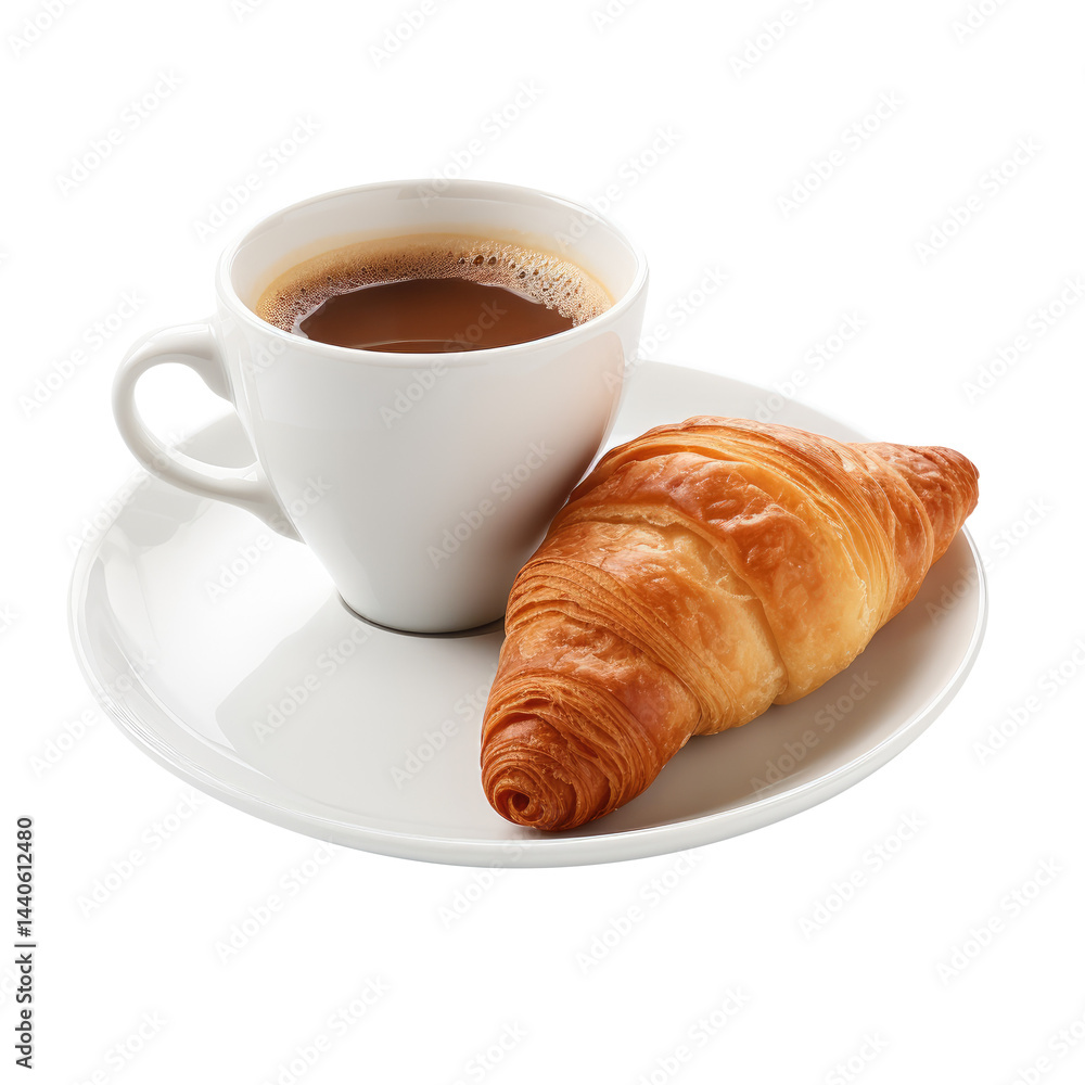 Cup of coffee and croissant isolated on transparent white background, clipping path, pen tool Cup of coffee and croissant isolated on transparent white background, clipping path, pen tool