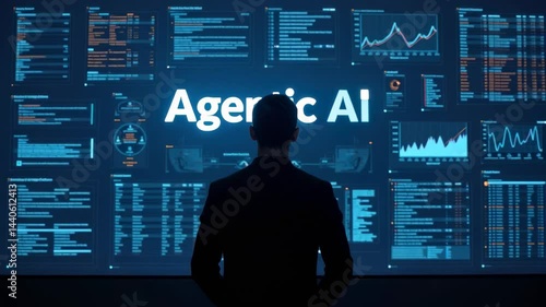 Silhouette of a man in a suit looking at a large screen displaying Agentic AI text and data visualizations, technology concept