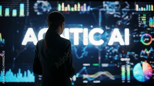 Adult woman in business suit views large screen displaying Agentic AI text and data visualizations, technology concept.