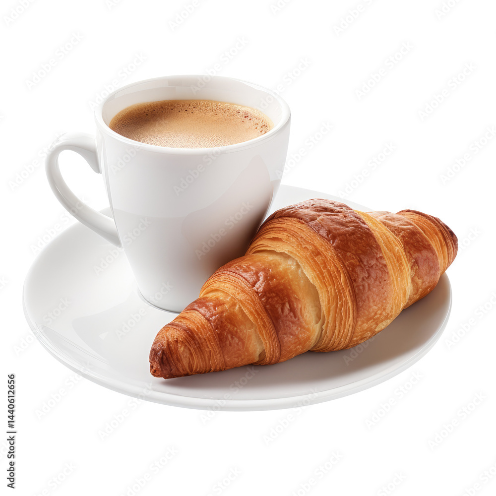 Cup of coffee and croissant isolated on transparent white background, clipping path, pen tool Cup of coffee and croissant isolated on transparent white background, clipping path, pen tool