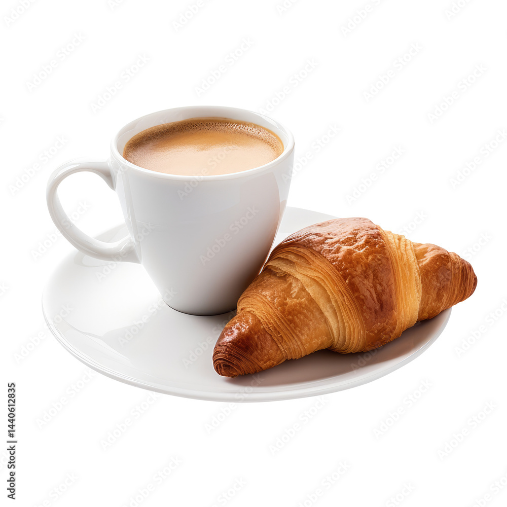Cup of coffee and croissant isolated on transparent white background, clipping path, pen tool Cup of coffee and croissant isolated on transparent white background, clipping path, pen tool