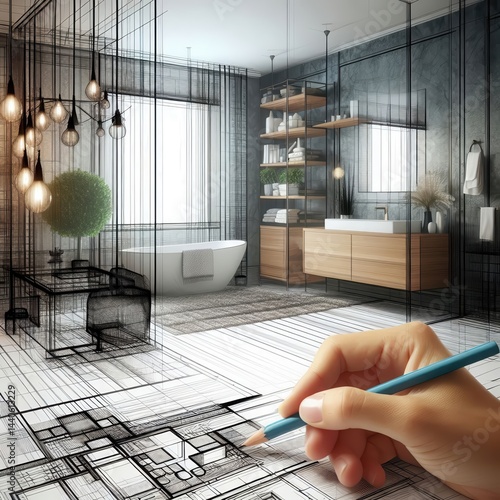 A designer's hand sketches a modern bathroom layout, blending architectural plans with a photorealistic interior. Ideal for architecture, interior design, and home improvement projects.