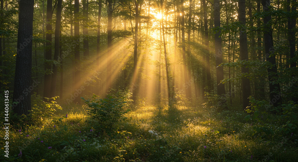 Naklejka premium Sunlight Breaks Through Forest Canopy Illuminating a Tranquil Woodland Scene
