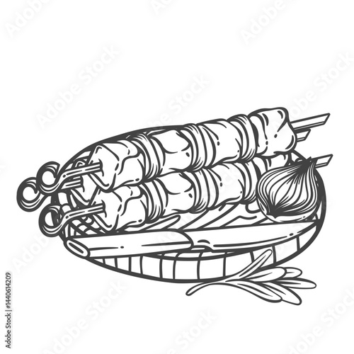 Meat kebab skewers on wooden board with knife and onion line icon. Outline hand drawn sketch of raw red beef, lamb or pork pieces on metal sticks to grill. BBQ party mascot, kebab vector illustration