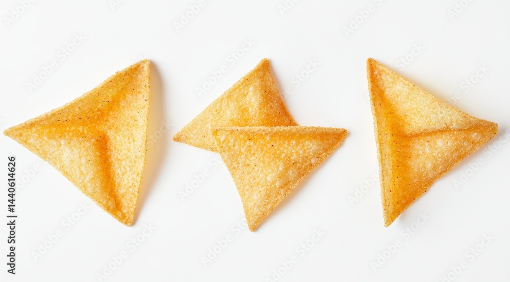 Three Golden Brown Triangular Chips on White Background Three Golden Brown Triangular Chips on White Background