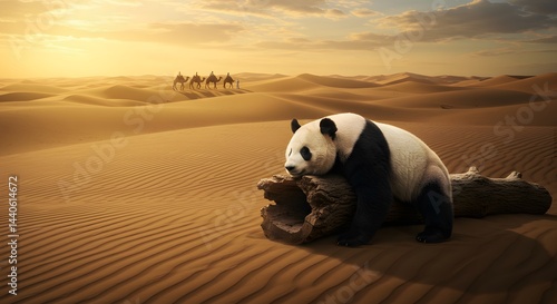 Cute Panda Sitting on Tree in Desert Oasis

