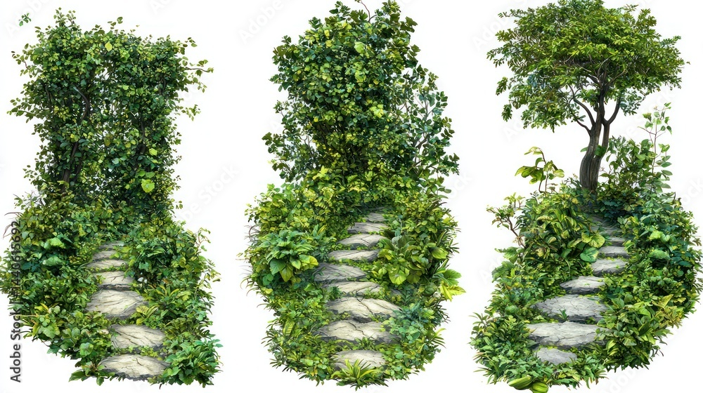 Fototapeta premium Set of forest pathways surrounded by thick, green trees and lush undergrowth on white background.