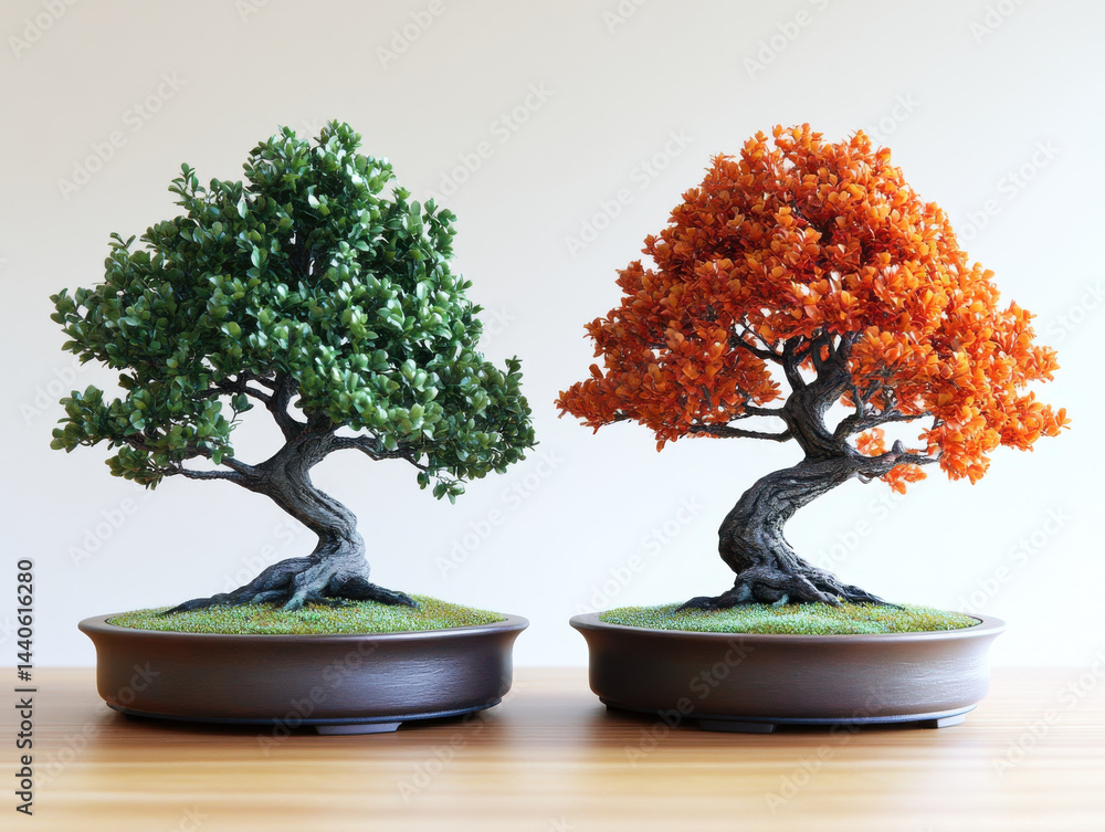 Two bonsai trees, one with lush green foliage and other with vibrant orange leaves, are displayed in round pots on wooden surface. contrast between colors highlights beauty of seasonal change