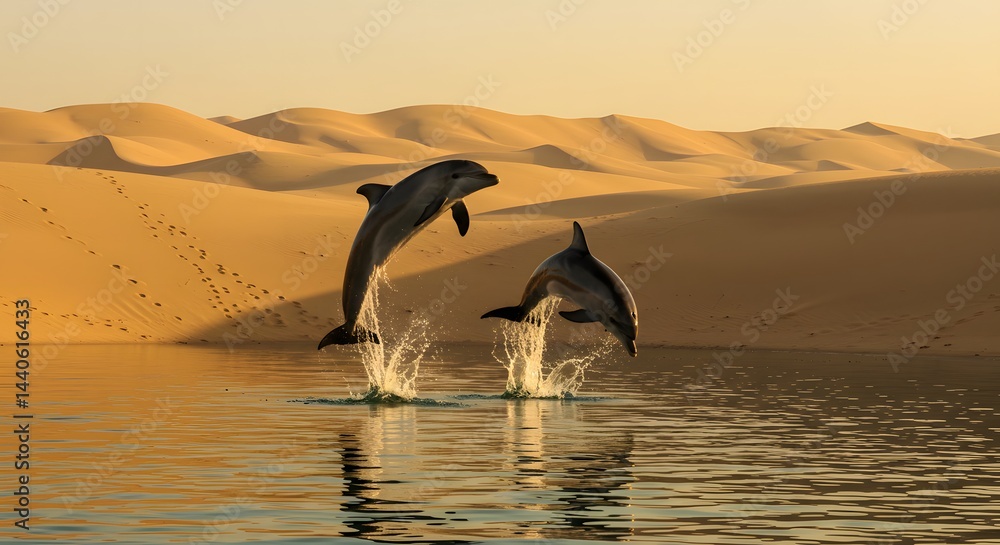 Fototapeta premium Two Dolphins Jumping in Desert Oasis at Sunset