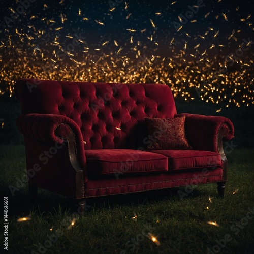 A dark crimson sofa surrounded by dazzling fireflies at night.