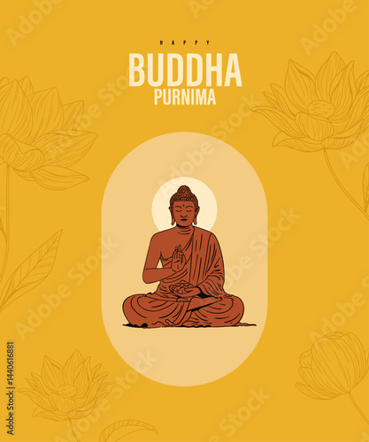 Happy Vesak Day, Buddha Purnima wishes greetings with the Buddha vector illustration. Can be used for a poster, social media banner, or greeting card design