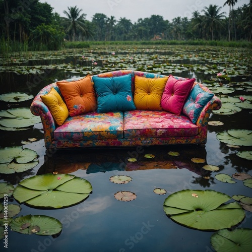 A colorful hand-painted sofa floating on lotus ponds.