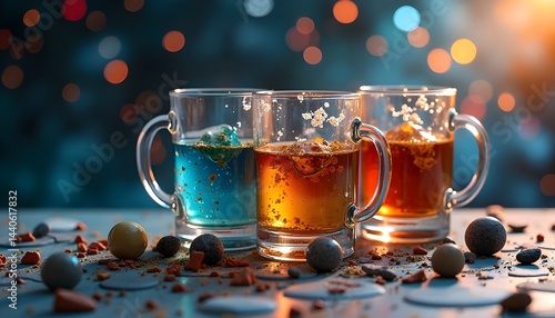 Three mugs filled with vibrant blue, amber, and brown liquids sit on a table scattered with small stones, creating a captivating still life.