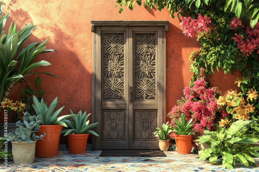 Naklejka premium Ornate wooden door of a terracotta colored home surrounded by lush foliage.