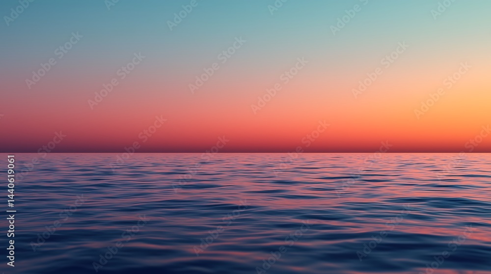 Obraz premium Calm Ocean Scene with Gentle Waves and a Colorful Sky Gradient at Dusk or Dawn Horizon.