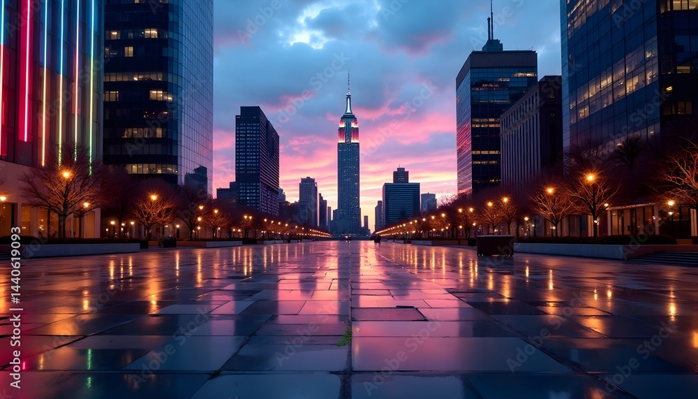 A stunning sunrise casts a pink and purple glow over a cityscape, reflecting beautifully on a wet city plaza.