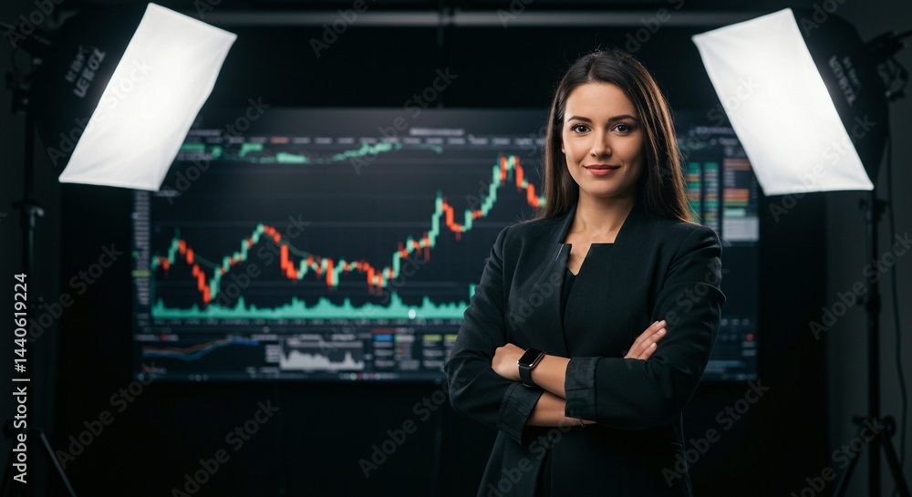 Confident Businesswoman in front of stock market graph display and lighting set up. Confident Businesswoman in front of stock market graph display and lighting set up.
