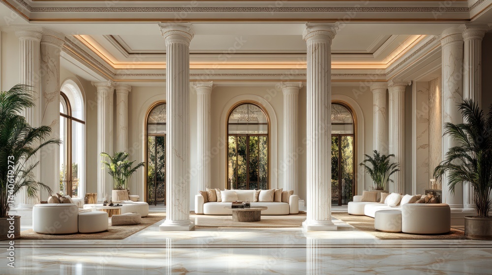Obraz premium Luxurious, elegant mansion lobby with columns, modern furniture, and greenery