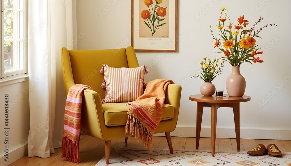 A mustard yellow armchair sits in a sunlit room, adorned with a striped cushion and a fringed throw. A small side table holds vases of vibrant autumnal flowers.