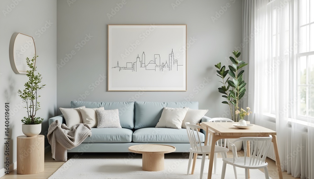 A light and airy living room features a pale blue sofa, wooden coffee table, and city skyline artwork, creating a calm and inviting atmosphere.