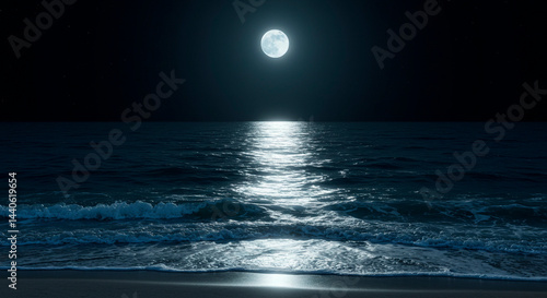 Fototapeta Naklejka Na Ścianę i Meble -  A full moon shining brightly over a dark ocean with waves reflecting the moonlight on the water surface