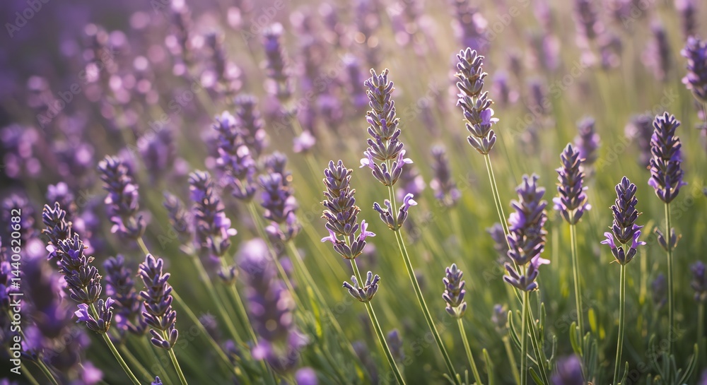 Obraz premium Lavender Field Blooming with Sunlight Hitting the Plants