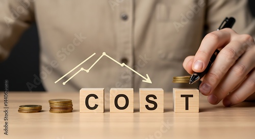 Reducing costs illustrated with stacked coins on lettered blocks and a descending arrow.

