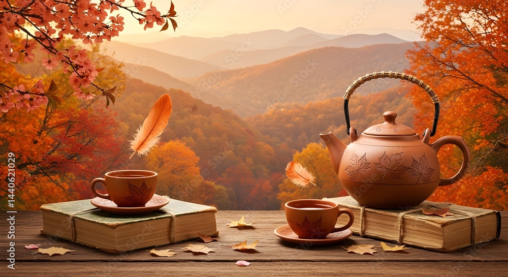 Cozy autumn scene with two cups of tea, a teapot, and books, set against a backdrop of vibrant fall foliage and mountains.