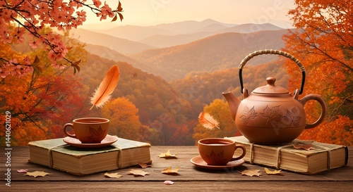 Obraz na płótnie Cozy autumn scene with two cups of tea, a teapot, and books, set against a backdrop of vibrant fall foliage and mountains. w salonie