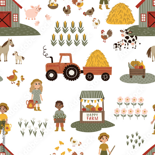 Seamless vector pattern in flat cartoon style. Farm scene with barn, shed, windmill, tractor, cows, horses, sheep, and trees. Isolated on white background. Perfect for kids’ designs, fabrics