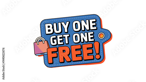 A highly detailed and stylish vector icon of a buy one get one free (BOGO) promotion tag, colorful and playful design
